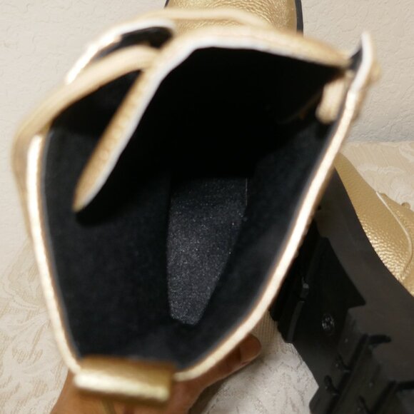 Gold Combat Mid Calf Lace Up Boots Zipper Detail Lug Heels Womens 43/12 - Picture 9 of 12